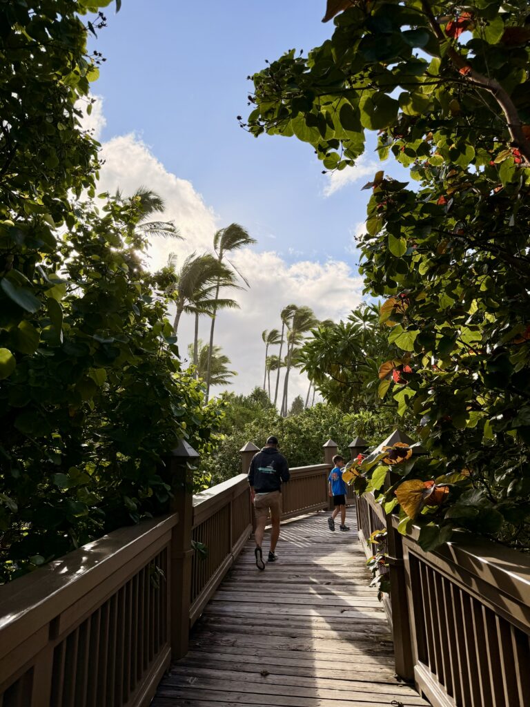 a father and son walking the board walk on the property of The Ritz-Carlton Oahu, Turtle Bay with greenery on either side of them