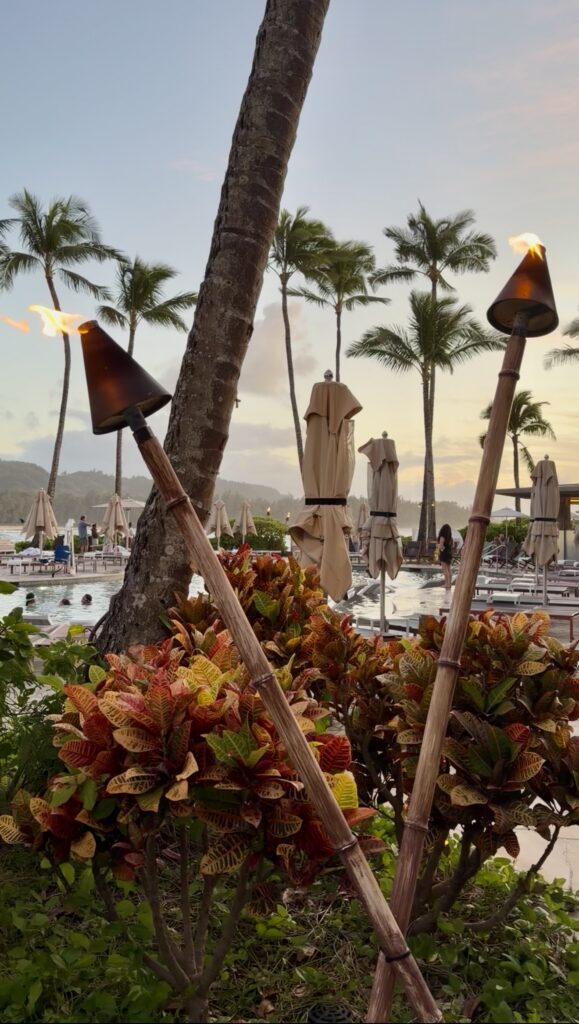 tiki torches lit with kids playing in the pool behind them